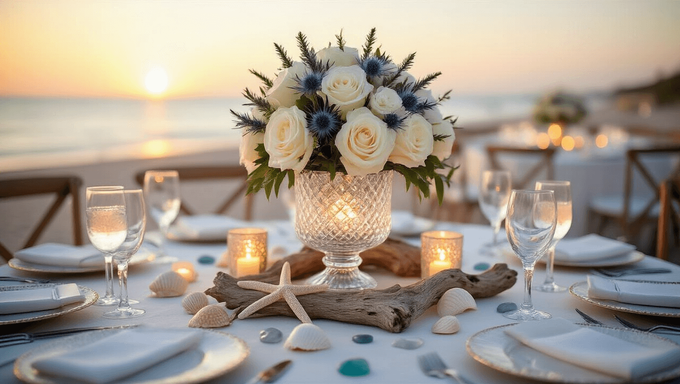 Cinematic wide-angle shot of a luxurious beach wedding tablescape at golden hour, featuring a grand centerpiece with white garden roses, starfish, and pale blue thistle in a crystal vase, surrounded by sea glass and driftwood, illuminated by soft candlelight.