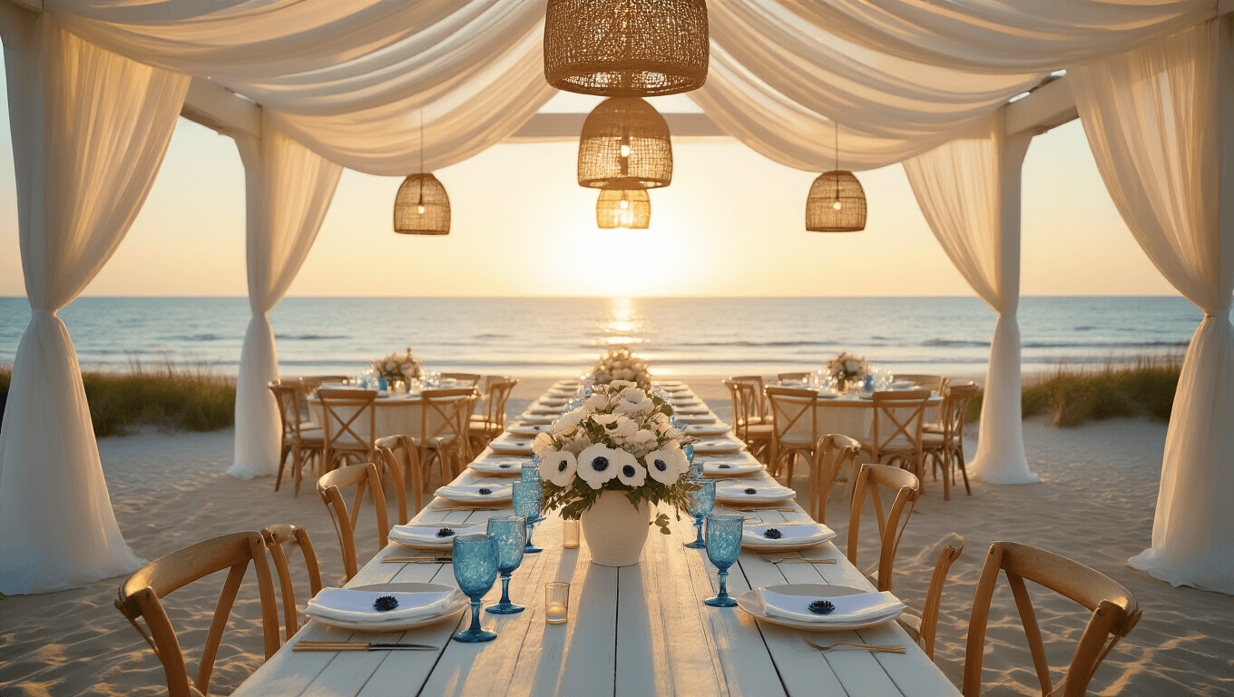 A cinematic wide-angle view of a luxurious beach wedding reception pavilion at sunset, featuring airy ivory drapes, coastal decor in soft blues and neutrals, elegant farm tables with floral arrangements, rattan chandeliers, and ocean views through sheer curtains.