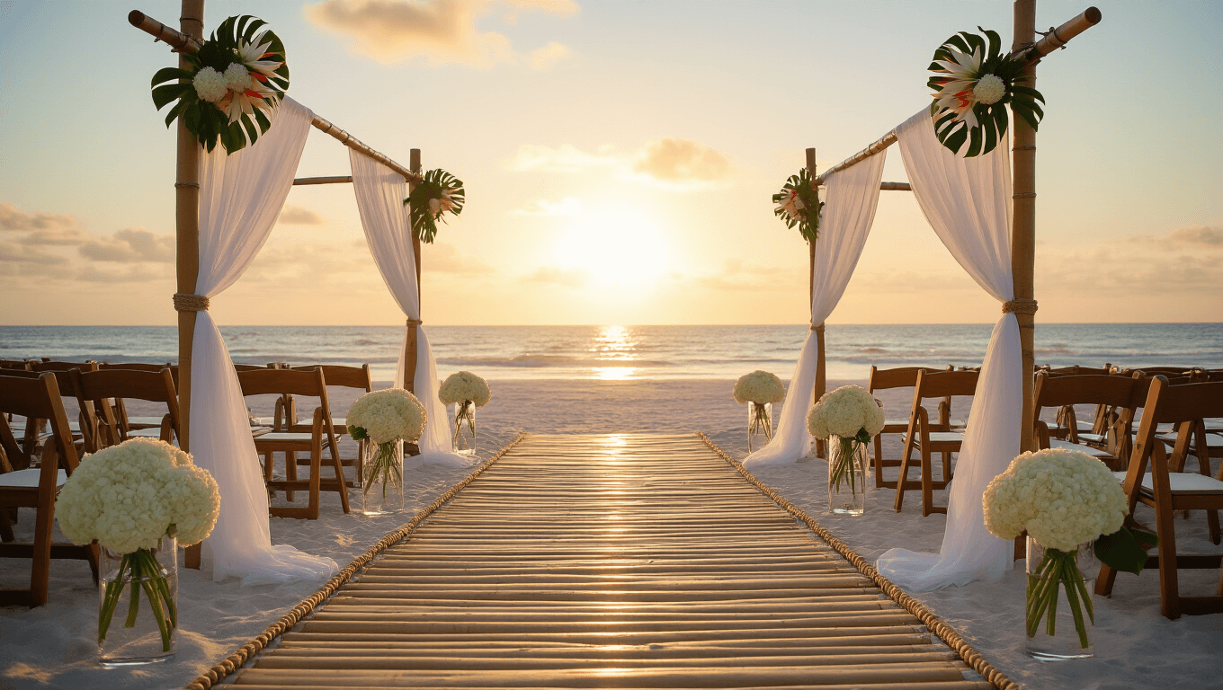 A picturesque beach wedding aisle at sunset, featuring a bamboo boardwalk lined with glass cylinders of flowers, chiffon drapes, and ambient lanterns, set against a backdrop of golden light and ocean waves.