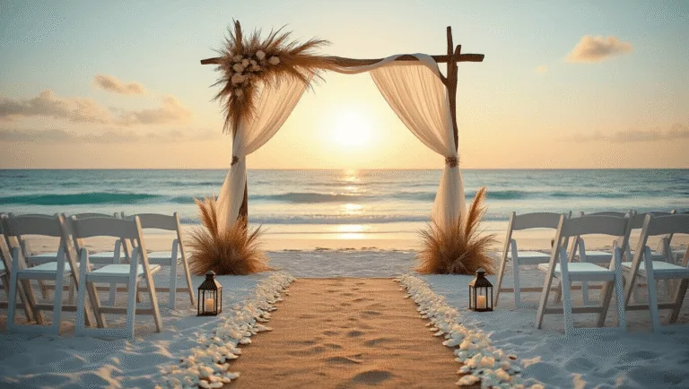 A panoramic wide-angle photograph of a luxurious beach wedding ceremony at sunset, featuring a minimalist driftwood arch adorned with chiffon and pampas grass, ghost chairs arranged in a curved formation, and a backdrop of turquoise waves, all capturing soft lighting and pristine sand textures.