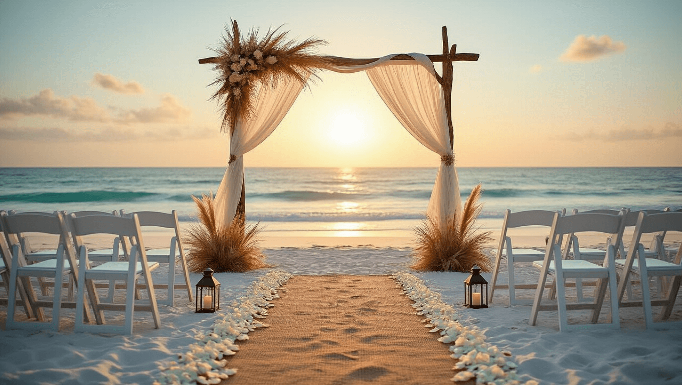 A panoramic wide-angle photograph of a luxurious beach wedding ceremony at sunset, featuring a minimalist driftwood arch adorned with chiffon and pampas grass, ghost chairs arranged in a curved formation, and a backdrop of turquoise waves, all capturing soft lighting and pristine sand textures.