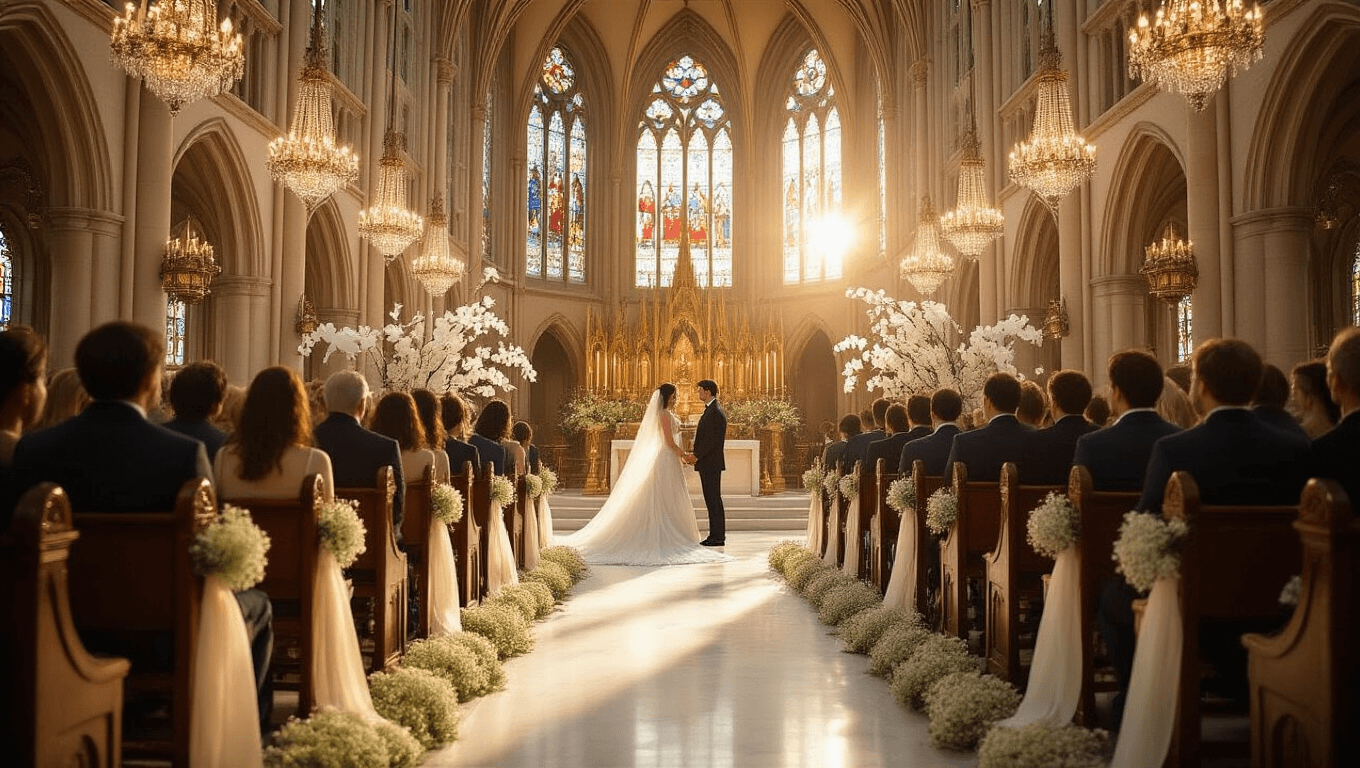 A grand cathedral wedding ceremony illuminated by warm golden hour sunlight, with stained glass windows casting colorful light on a white marble aisle lined with pews decorated with ivory ribbons and baby's breath. Cascading orchids and antique brass terrariums adorn the altar, while vintage music stands display Beatles sheet music, all captured in a soft, dreamy photographic style.