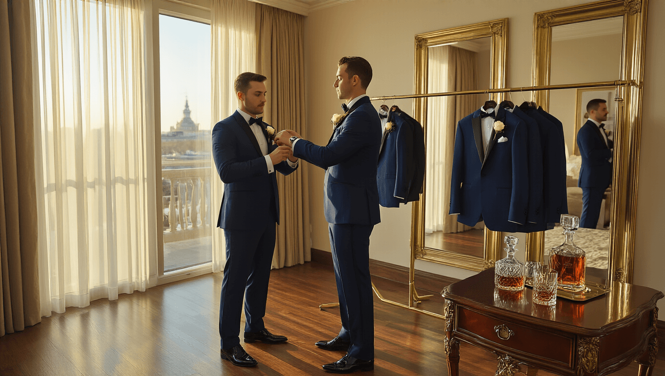 A best man in a charcoal suit pins a white rose boutonnière to the groom's lapel in a luxurious hotel suite, with sunlight filtering through sheer curtains, highlighting elegant decor and rich textures.
