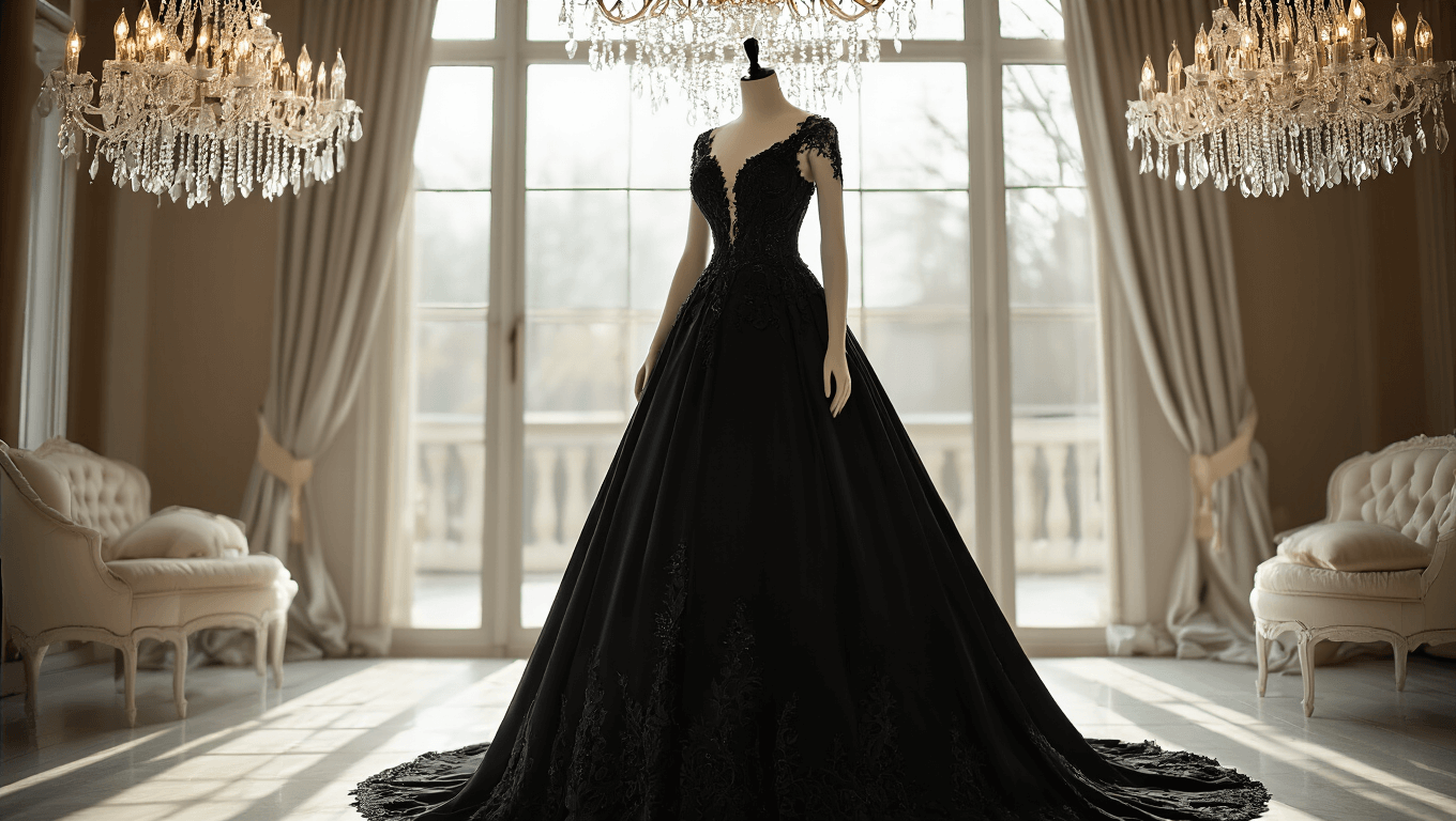 Luxurious black silk ballgown wedding dress on an elegant mannequin, highlighted by soft natural light, with intricate beaded lace detailing and dramatic train, in a moody romantic setting with crystal chandeliers and plush ivory seating.