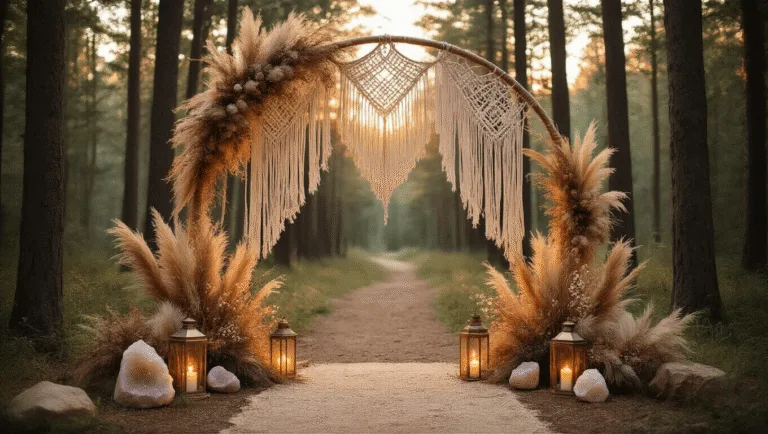 A serene forest clearing at golden hour with a handwoven macramé arch adorned with pampas grass and eucalyptus, surrounded by vintage lanterns, rose quartz crystals, and delicate ribbons, creating a magical and ethereal atmosphere.