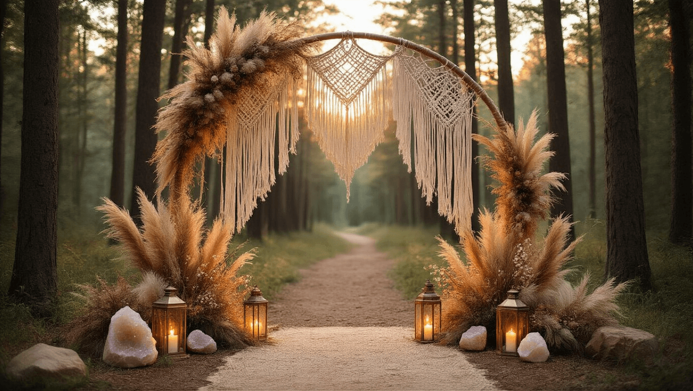 A serene forest clearing at golden hour with a handwoven macramé arch adorned with pampas grass and eucalyptus, surrounded by vintage lanterns, rose quartz crystals, and delicate ribbons, creating a magical and ethereal atmosphere.