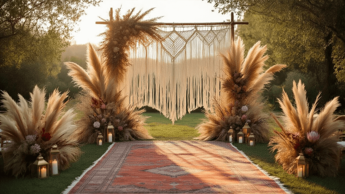 A romantic bohemian wedding ceremony setup at golden hour, featuring a handwoven macramé backdrop, vintage Persian rugs, pampas grass arrangements, and scattered brass lanterns, all illuminated by warm golden sunlight.