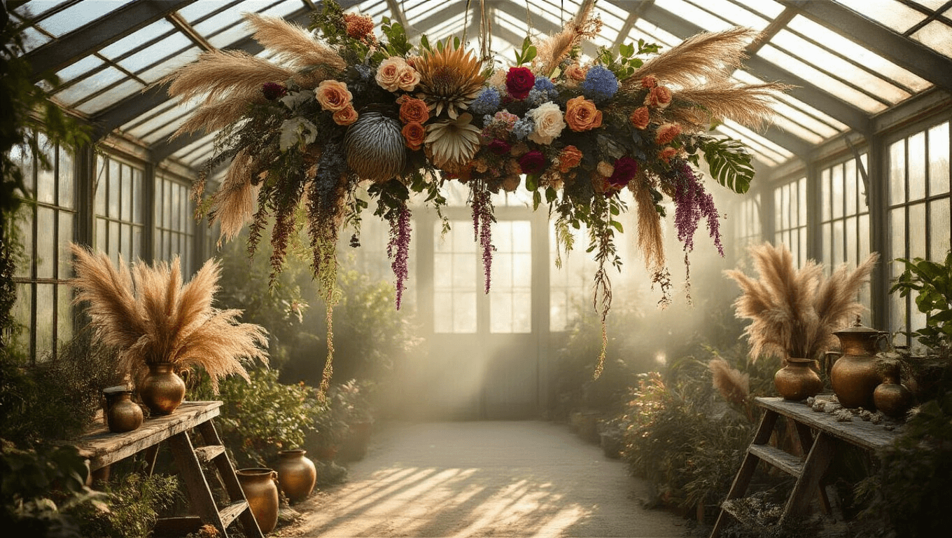 A sun-drenched Victorian greenhouse interior with a suspended floral installation featuring king protea, garden roses, and dahlias in muted tones, surrounded by dried elements and vintage brass vessels, illuminated by golden hour light and macramé wall hangings.