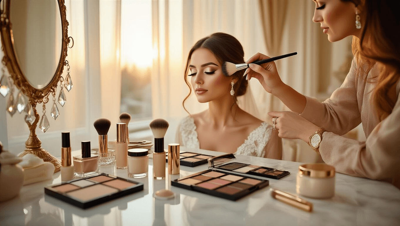 A makeup artist applies foundation to a bride in a softly lit luxury bridal suite with a white marble vanity, premium makeup products, and warm golden hour lighting.