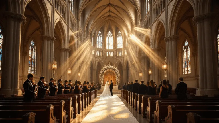 Cinematic wide-angle view of a grand cathedral interior at golden hour, showcasing Gothic architecture, stained glass windows, a string quartet, an ornate altar with white flowers, and warm lighting illuminating mahogany pews and a pristine ivory aisle.