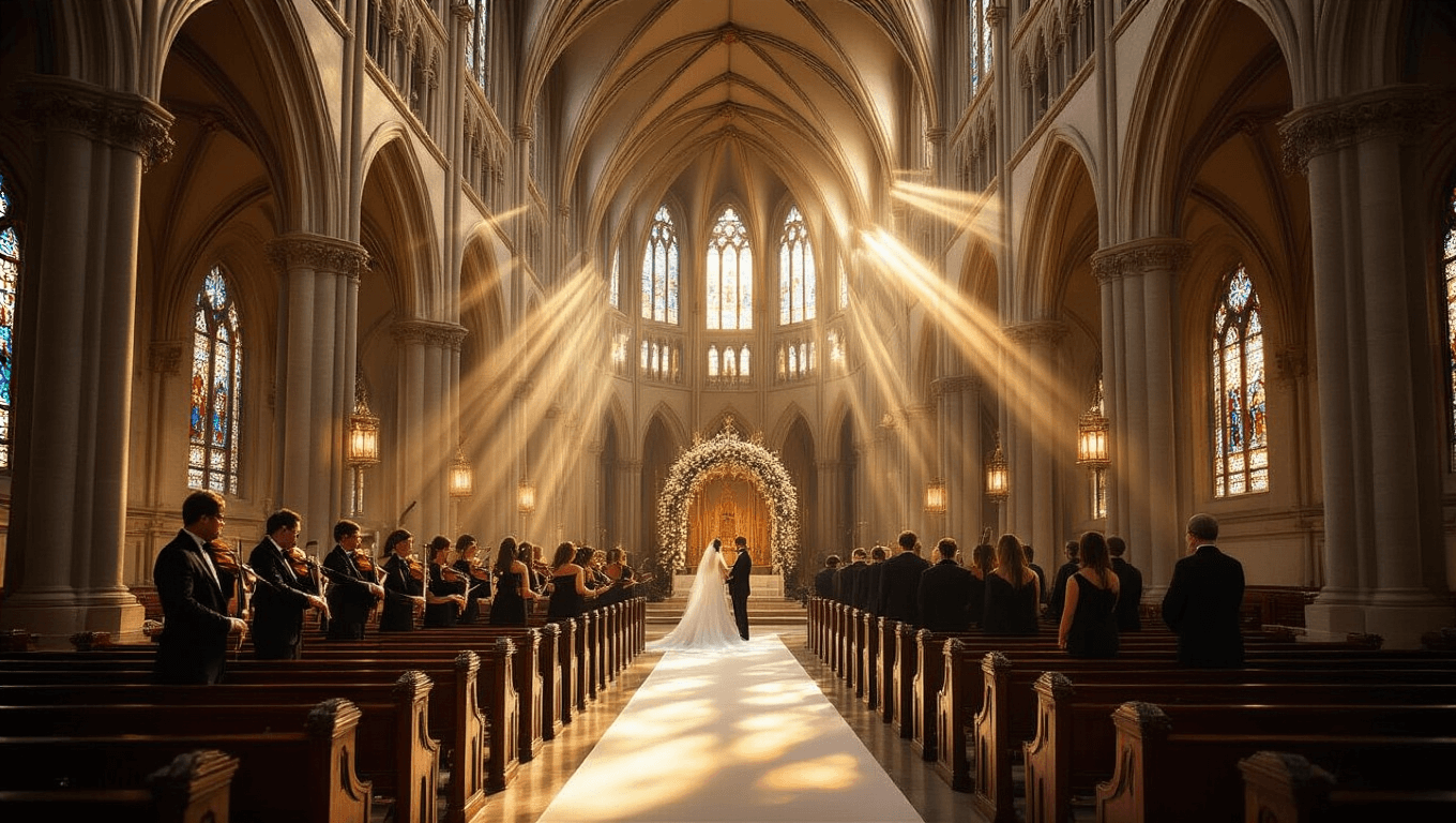 Cinematic wide-angle view of a grand cathedral interior at golden hour, showcasing Gothic architecture, stained glass windows, a string quartet, an ornate altar with white flowers, and warm lighting illuminating mahogany pews and a pristine ivory aisle.
