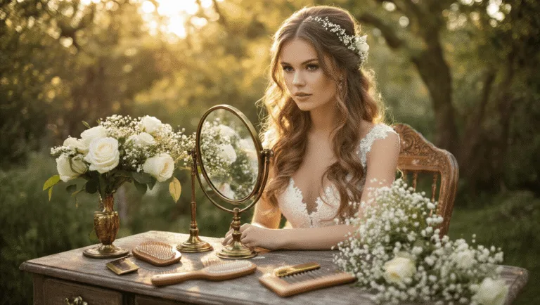 A bride with loose waves and floral hair adornments sits at an antique vanity in a dreamy backyard, bathed in soft golden hour light, with vintage hair tools nearby.