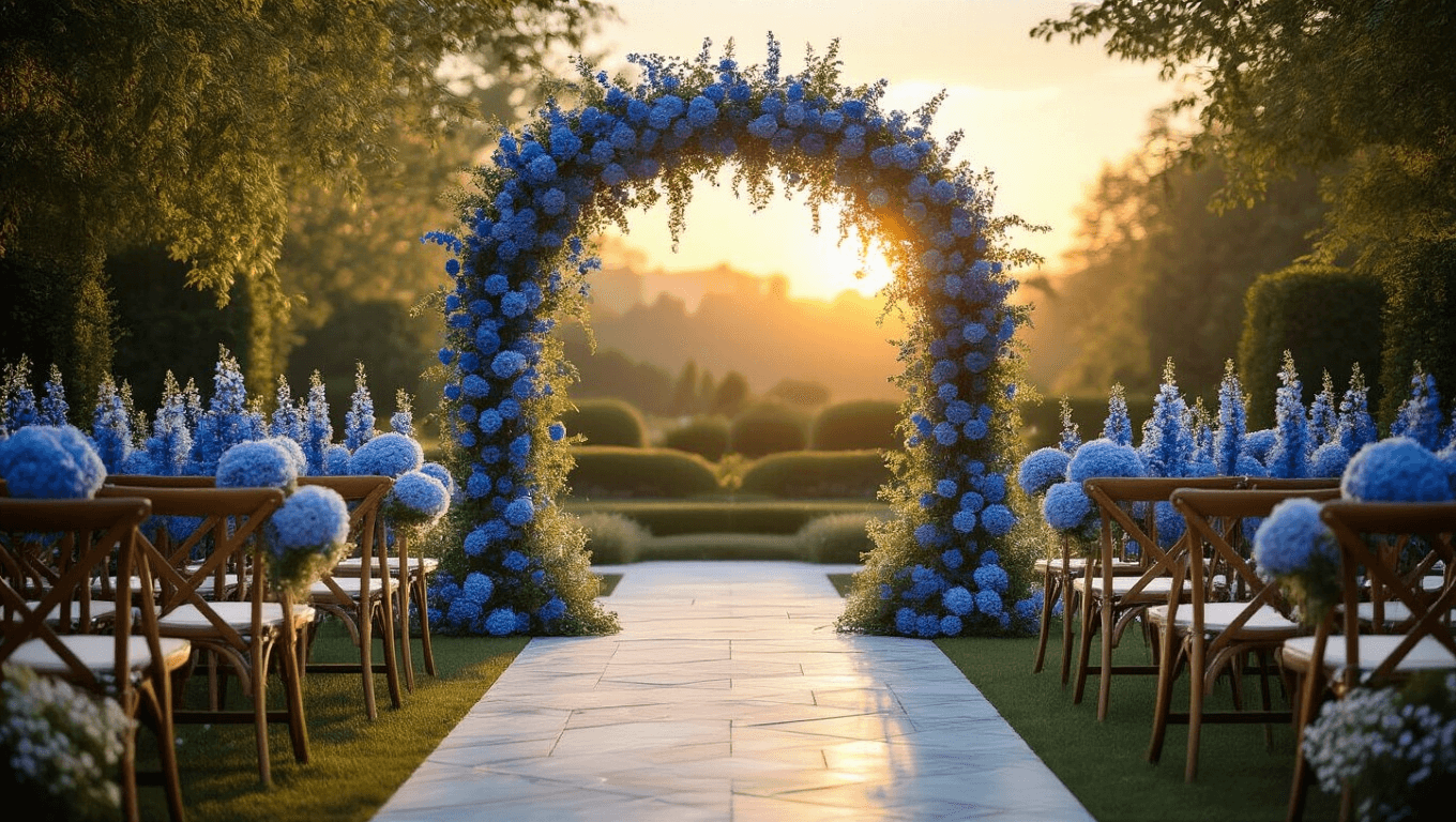 Photorealistic wide shot of an elegant garden wedding arch adorned with blue delphiniums and hydrangeas, with fairy lights in warm golden hour sunset lighting, featuring vintage wooden chairs decorated with posies, in a manicured garden setting.