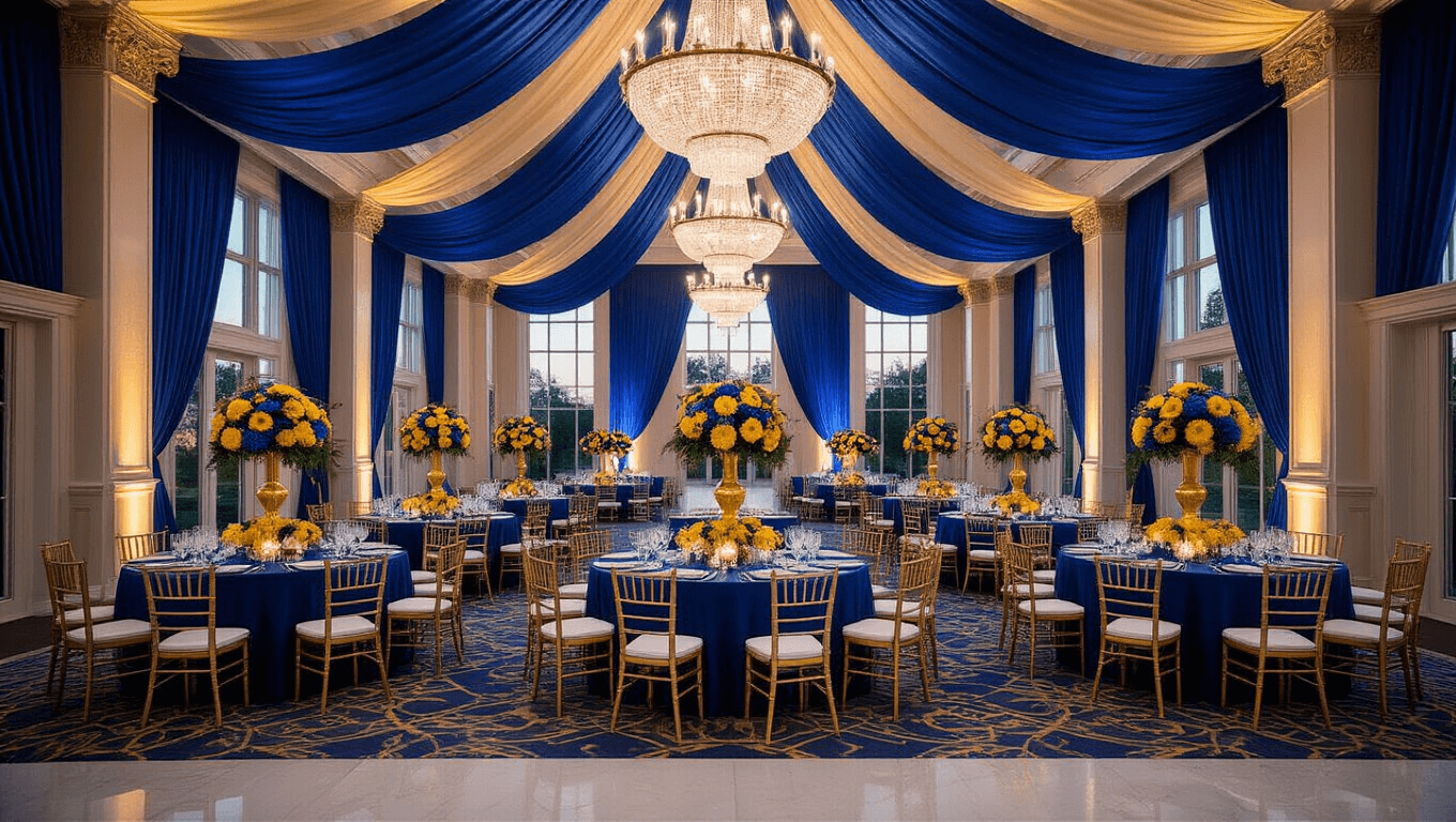 A luxurious wedding reception ballroom with high ceilings, crystal chandeliers, navy table linens, and floral centerpieces, illuminated by warm evening light through large windows, showcasing elegant decor and polished marble floors.