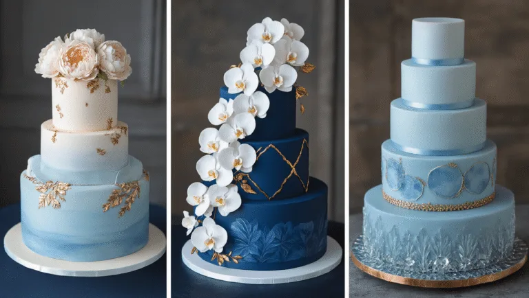 A luxurious collection of blue wedding cakes displayed in a high-end studio, featuring various designs and intricate details, with dramatic lighting and elegant props.