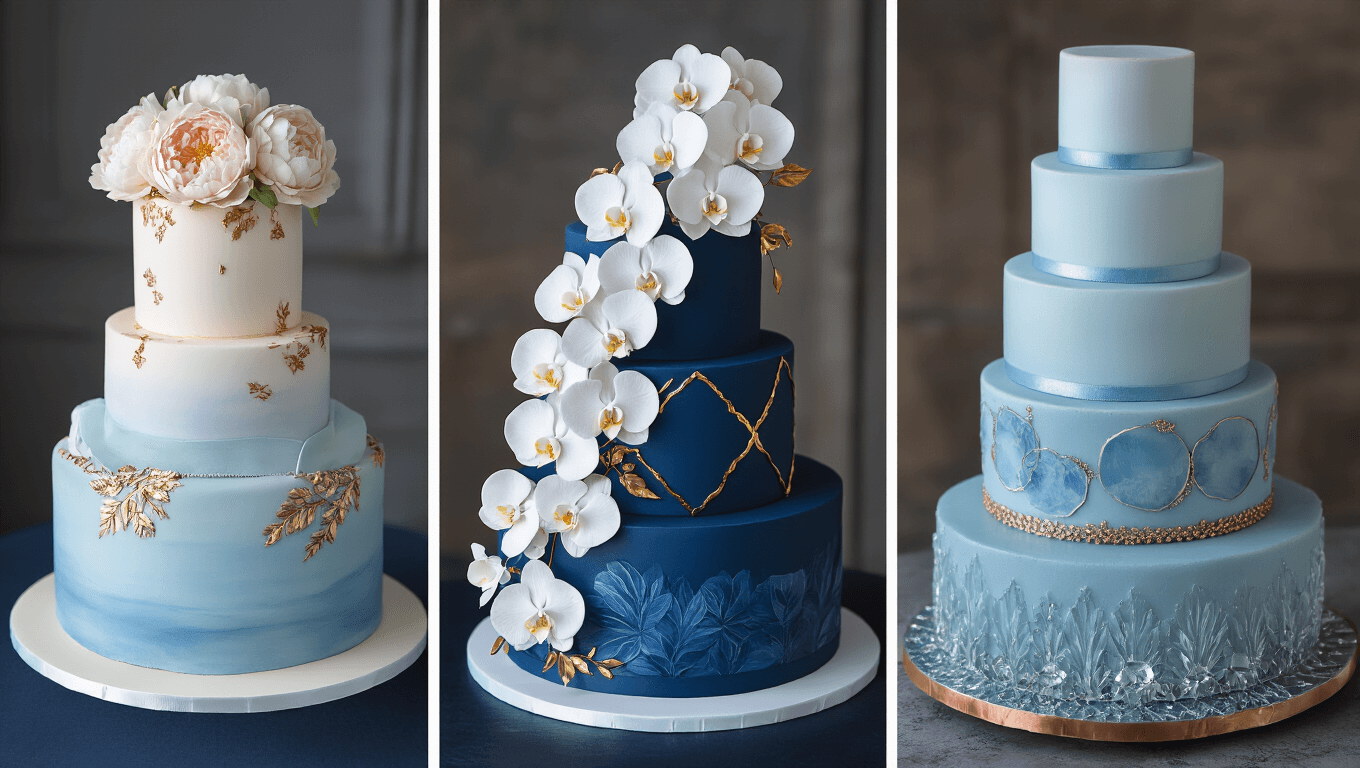 A luxurious collection of blue wedding cakes displayed in a high-end studio, featuring various designs and intricate details, with dramatic lighting and elegant props.