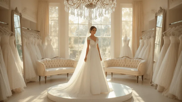 A bride in a classic white A-line gown stands on a platform in a sunlit bridal boutique, surrounded by mirrors and a crystal chandelier, with elegant wedding gowns and plush seating in the background.