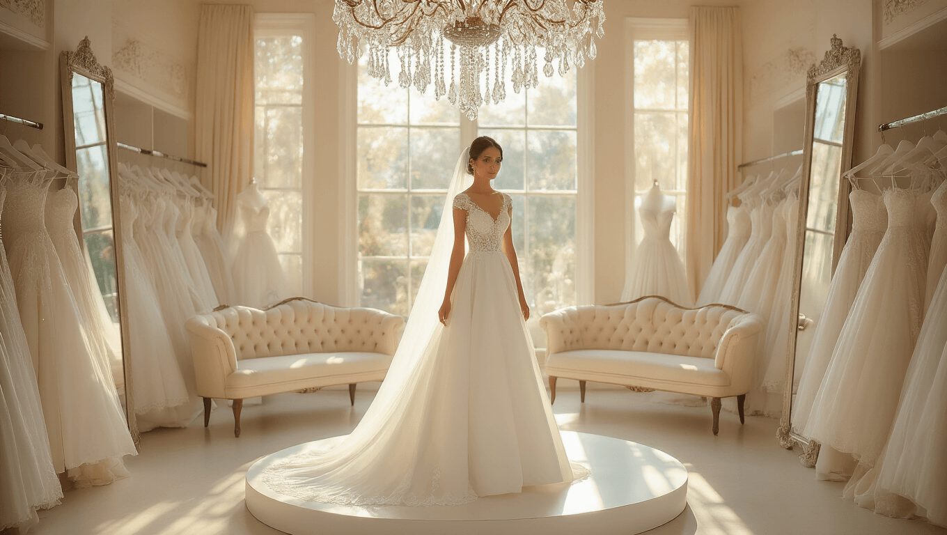A bride in a classic white A-line gown stands on a platform in a sunlit bridal boutique, surrounded by mirrors and a crystal chandelier, with elegant wedding gowns and plush seating in the background.
