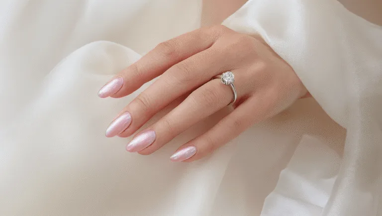 Bridal hands with pearlescent pink nails showcasing an engagement ring, adorned in a white silk dress, bathed in morning light with sheer curtains, evoking elegance and romance.