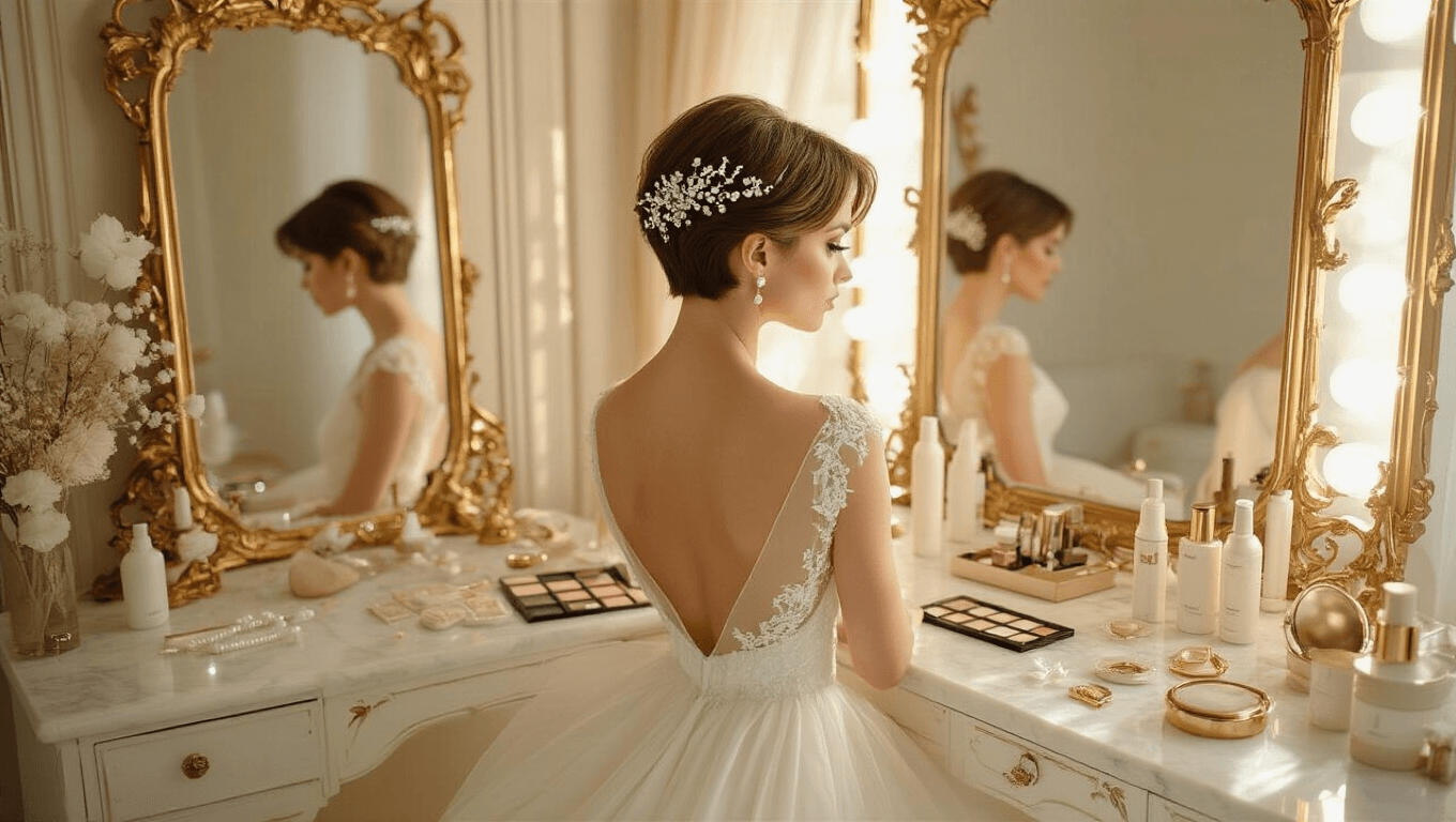 A bride with a modern pixie cut is styled at an elegant vanity in a sunlit bridal suite, surrounded by vintage gilt-edged mirrors, pearl hairpins, and luxury styling products, creating a soft, ethereal atmosphere with creamy tones and gentle shadows.
