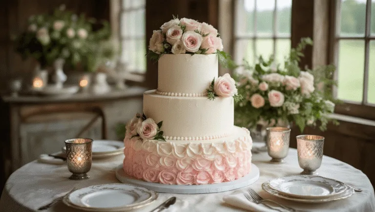 A romantic 3-tier wedding cake with pale pink buttercream ruffles and fresh garden roses on a vintage farmhouse table, surrounded by mercury glass votives and fine china, illuminated by natural light.