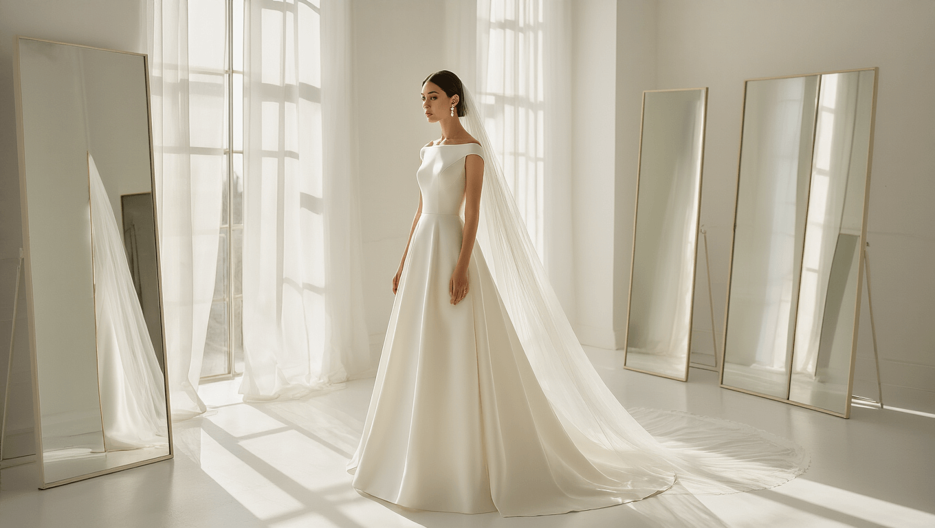 A bride in a pristine silk A-line wedding dress with a bateau neckline, adorned with pearl drop earrings and a cathedral-length veil, poses in a sunlit studio with white walls and triple mirrors, capturing a minimalist and ethereal ambiance.