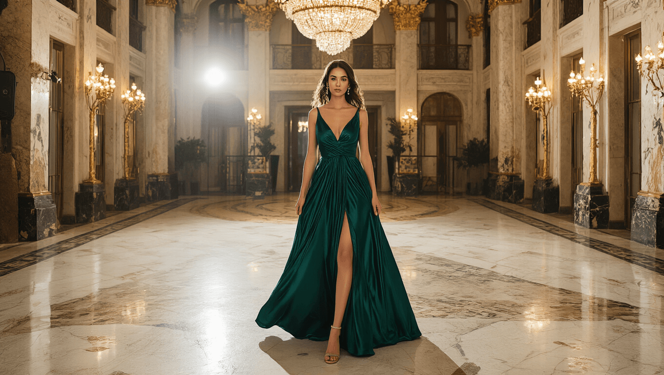 An elegant woman in an emerald silk dress stands in a luxurious ballroom adorned with chandeliers, marble flooring, and romantic lighting during the golden hour at an engagement party.
