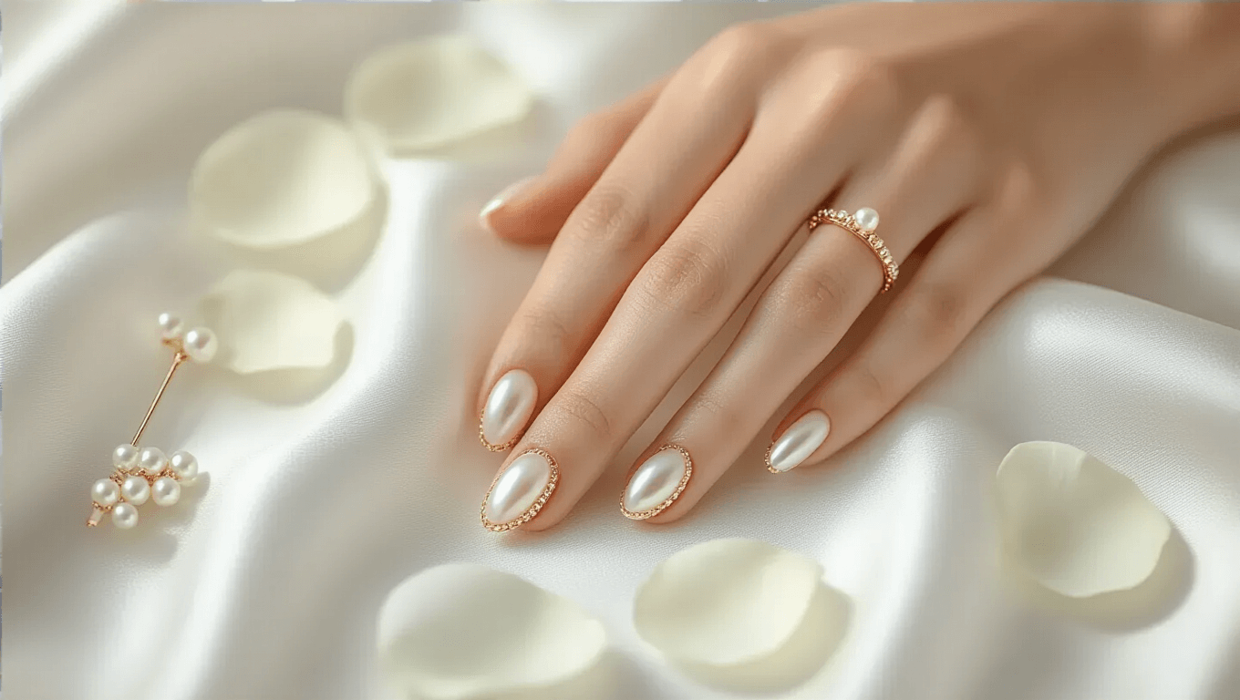 Close-up of elegant hands with a modern French manicure featuring gold striping and pearl accents, set against white silk with rose petals and a pearl hairpin, illuminated by soft natural sunlight.