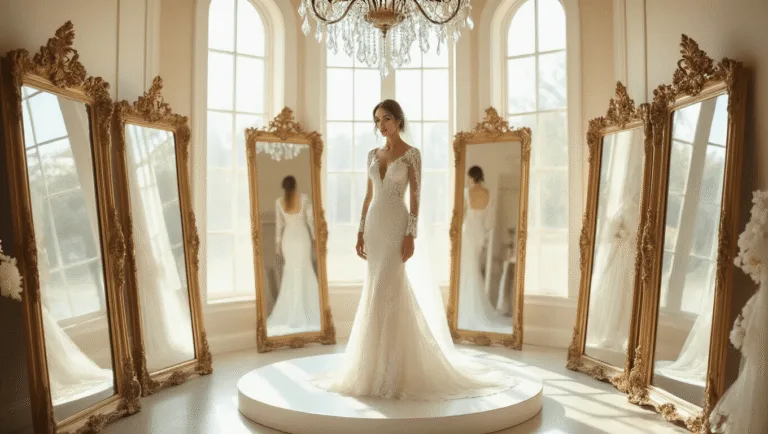 Bride in a fitted lace long-sleeve gown standing on a circular platform in a bridal boutique, surrounded by ornate mirrors and soft natural light, with a crystal chandelier overhead and delicate lace shadows on cream walls.