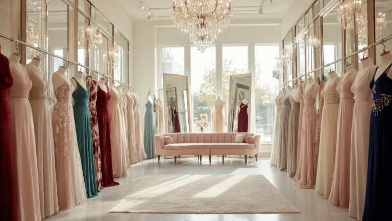 A luxurious boutique dressing room with floor-to-ceiling mirrors, showcasing an array of elegant wedding guest dresses in various colors and fabrics, illuminated by natural light and featuring plush seating, crystal chandeliers, and designer accessories.