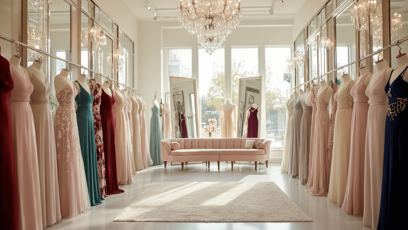 A luxurious boutique dressing room with floor-to-ceiling mirrors, showcasing an array of elegant wedding guest dresses in various colors and fabrics, illuminated by natural light and featuring plush seating, crystal chandeliers, and designer accessories.