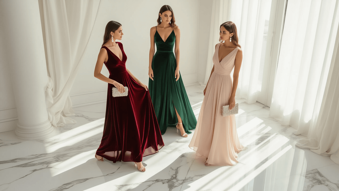 Aerial view of an elegant boutique display featuring wedding guest dresses in jewel tones and pastels, styled with accessories on a white marble floor, illuminated by soft natural light.