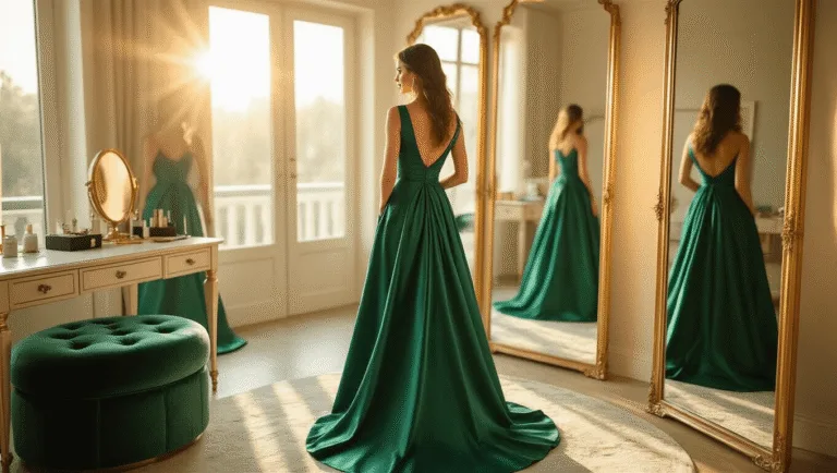 A woman in a floor-length emerald green satin gown stands in a sunlit dressing room with floor-to-ceiling mirrors, showcasing warm golden hour light and a plush velvet ottoman.