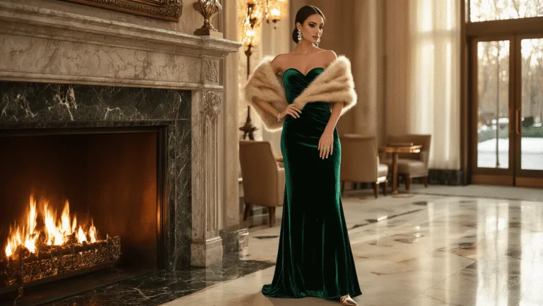 Elegant woman in an emerald velvet gown with crystal earrings and metallic heels poses in a warm hotel lobby near a marble fireplace, draped in a champagne faux fur wrap.