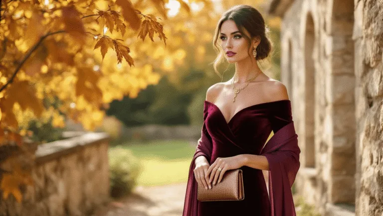 A woman in a burgundy velvet dress stands on a sunlit garden terrace adorned with autumn foliage, wearing gold jewelry and holding a bronze clutch, with a plum silk chiffon wrap draped over her shoulders.