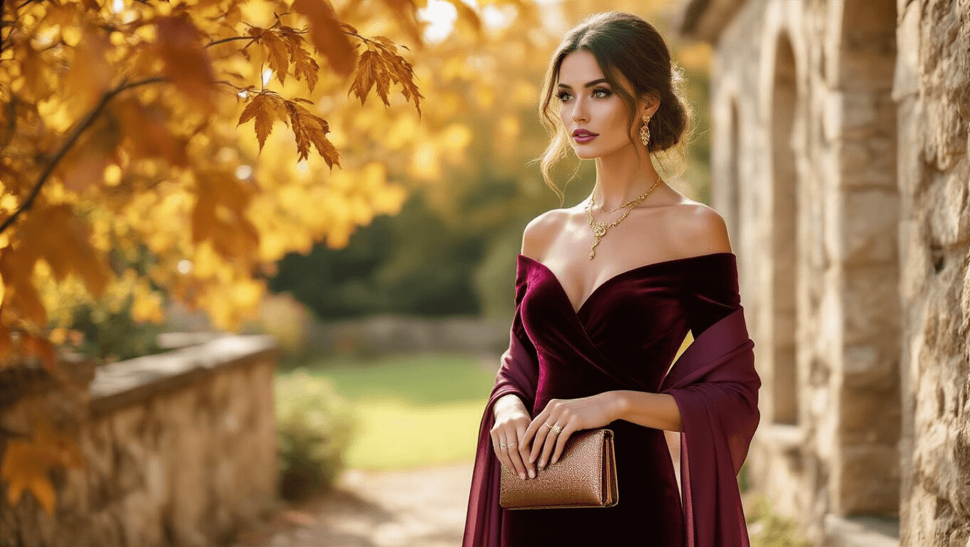 A woman in a burgundy velvet dress stands on a sunlit garden terrace adorned with autumn foliage, wearing gold jewelry and holding a bronze clutch, with a plum silk chiffon wrap draped over her shoulders.