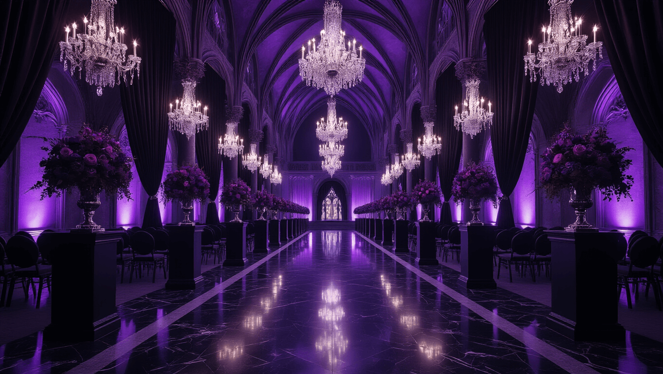 Photorealistic ultra-wide shot of a gothic wedding hall at twilight, featuring black velvet drapery, purple LED uplighting, ornate chandeliers, glossy marble flooring, and floral installations, creating a dramatic and moody ambiance.