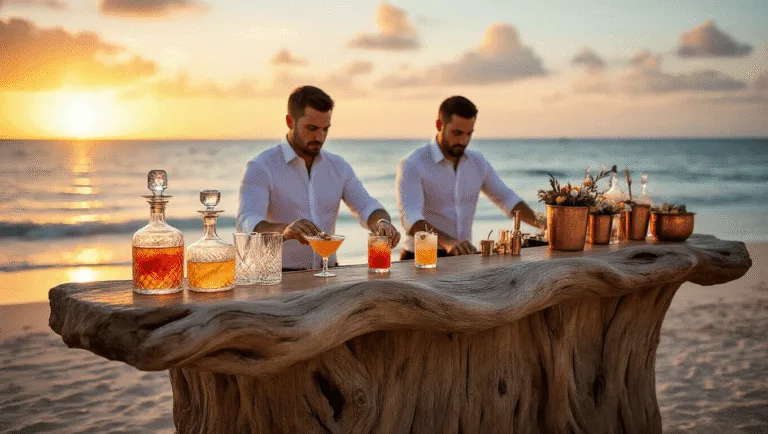 Elegant driftwood cocktail bar at sunset, adorned with sea glass and coral, featuring jewel-toned cocktails and professional bartenders, set against a soft ocean backdrop with ambient copper lighting.