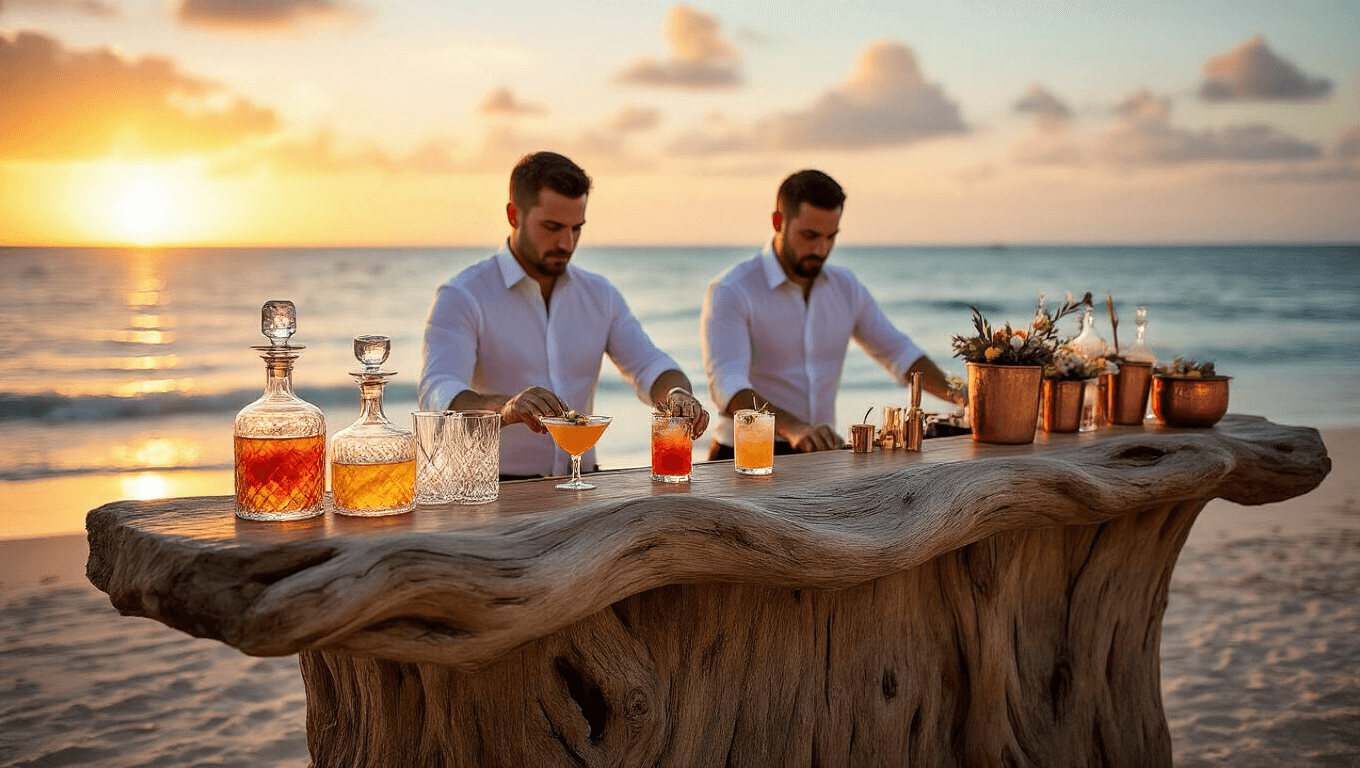 Elegant driftwood cocktail bar at sunset, adorned with sea glass and coral, featuring jewel-toned cocktails and professional bartenders, set against a soft ocean backdrop with ambient copper lighting.