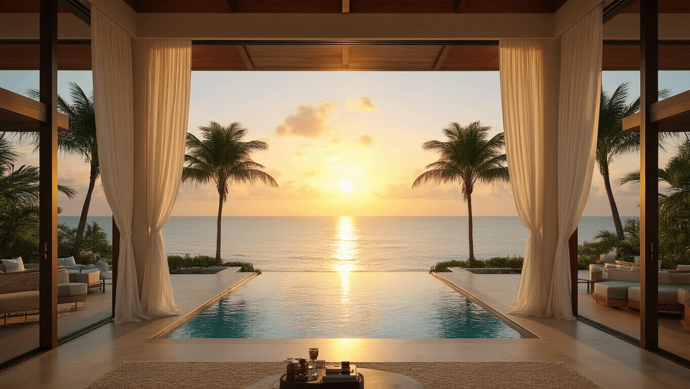 Cinematic wide-angle view of a luxurious beachfront villa at sunset, featuring modern architecture, an infinity pool, palm trees, and contemporary interior furnishings, all bathed in warm golden light.