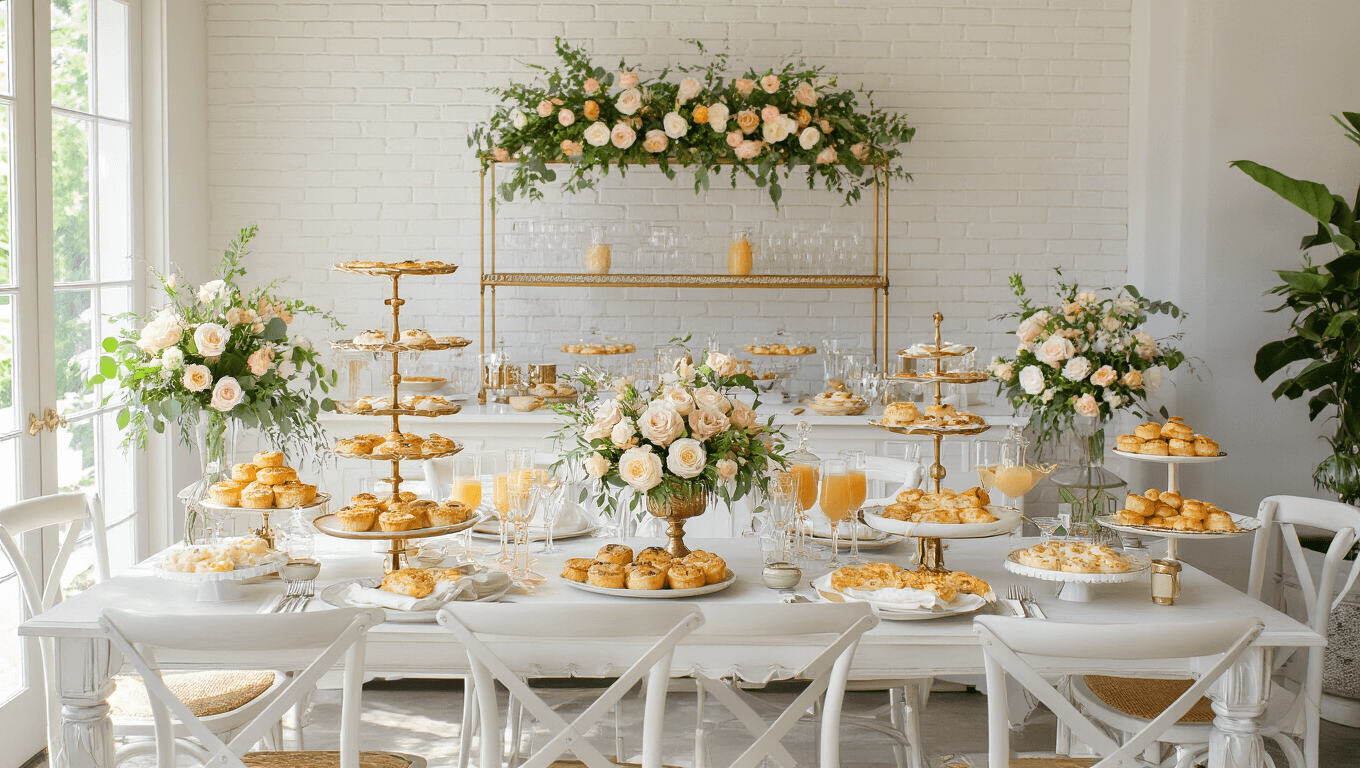A luxurious bridal shower brunch setup in a sun-drenched dining space, featuring a white-brick accent wall, an elaborate mimosa bar, a French provincial dining table adorned with a geometric gold terrarium centerpiece, and tiered stands filled with brunch items, all illuminated by natural light.