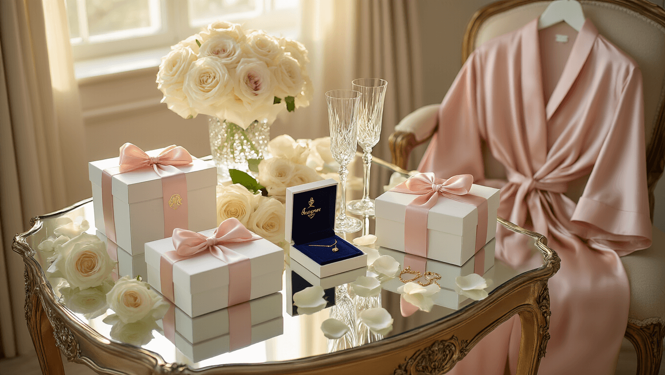 An elegant bridal suite featuring pristine white gift boxes with blush pink silk ribbons, gold monogram details, white roses, and personalized navy velvet jewelry boxes, all bathed in warm morning light.