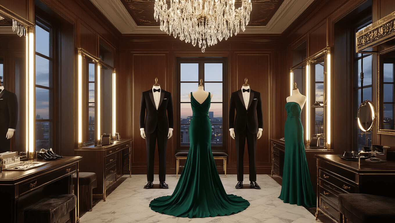 A luxurious dressing room featuring a black tuxedo and an emerald silk gown on brass mannequins, surrounded by elegant decor including a crystal chandelier, vintage vanity, and organized formal accessories, all bathed in warm ambient light at dusk.