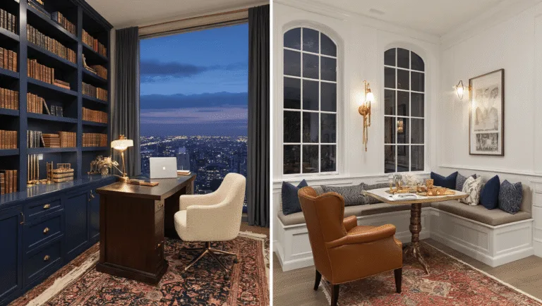 A split-screen composition showcasing a luxurious home office with a city view and a sun-drenched breakfast nook, featuring elegant furniture, warm lighting, and rich textures.