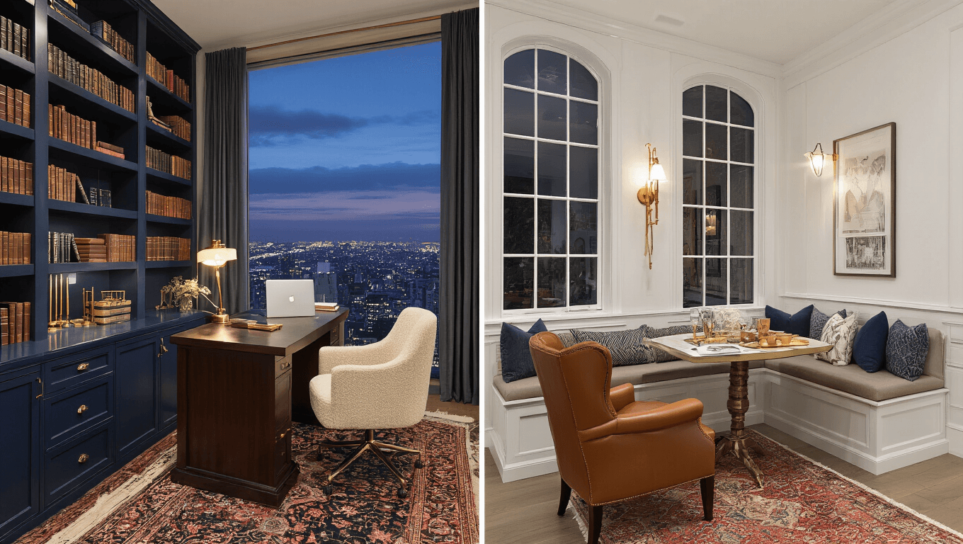 A split-screen composition showcasing a luxurious home office with a city view and a sun-drenched breakfast nook, featuring elegant furniture, warm lighting, and rich textures.