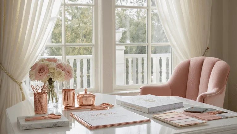 Cinematic wide shot of an elegant wedding planner workspace featuring a white lacquered desk, rose gold accessories, a blush velvet accent chair, and natural morning light illuminating the scene, creating a luxurious atmosphere.