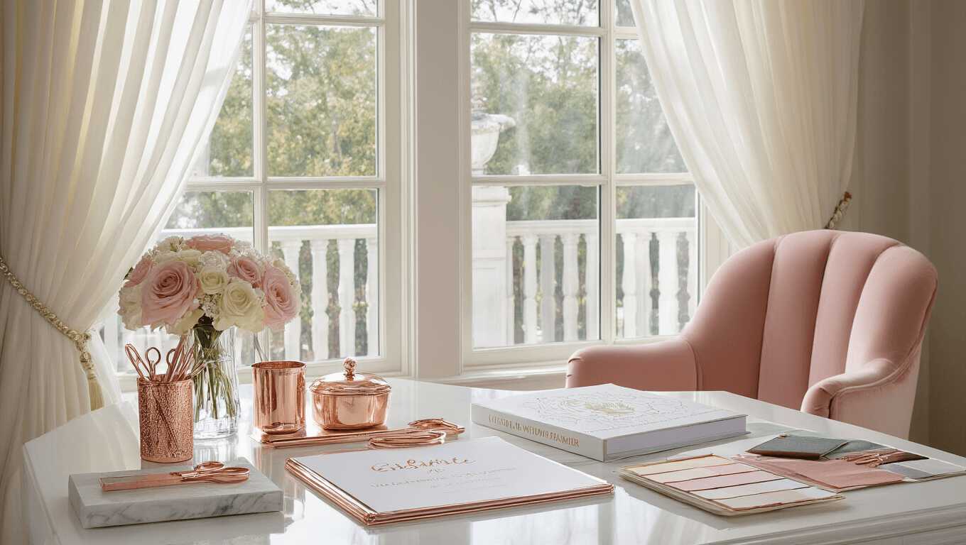 Cinematic wide shot of an elegant wedding planner workspace featuring a white lacquered desk, rose gold accessories, a blush velvet accent chair, and natural morning light illuminating the scene, creating a luxurious atmosphere.