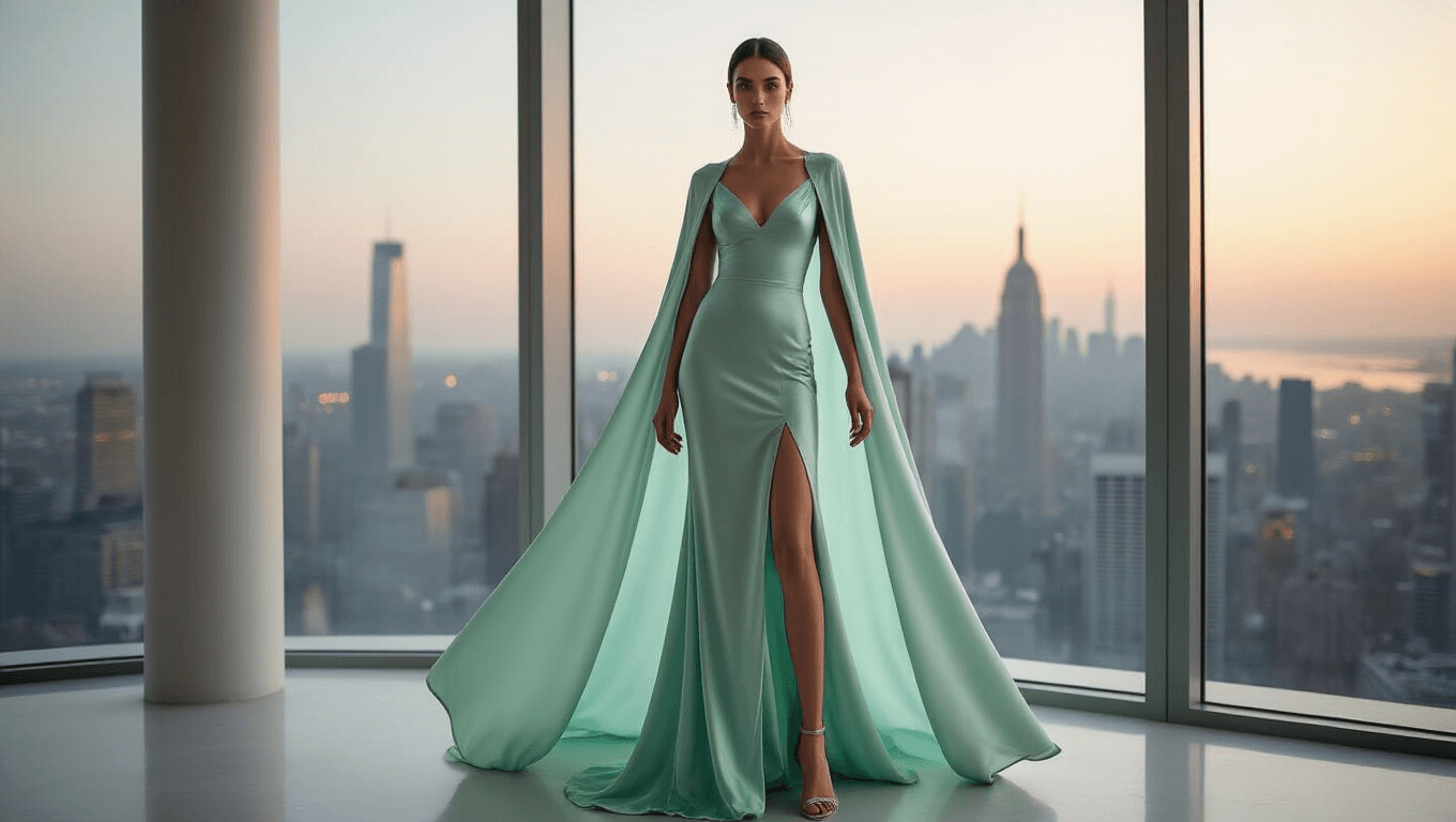 A bride in a mint green silk slip dress with a flowing cape stands against floor-to-ceiling windows showcasing a dusky cityscape, illuminated by soft evening light that highlights the dress's fabric in a minimalist composition.