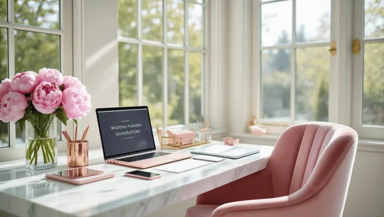 A bright and airy modern home office featuring a white marble desk with rose gold technology, blush pink velvet chair, brass desk accessories, and fresh pink peonies, captured in natural daylight with a shallow depth of field and soft bokeh effect.