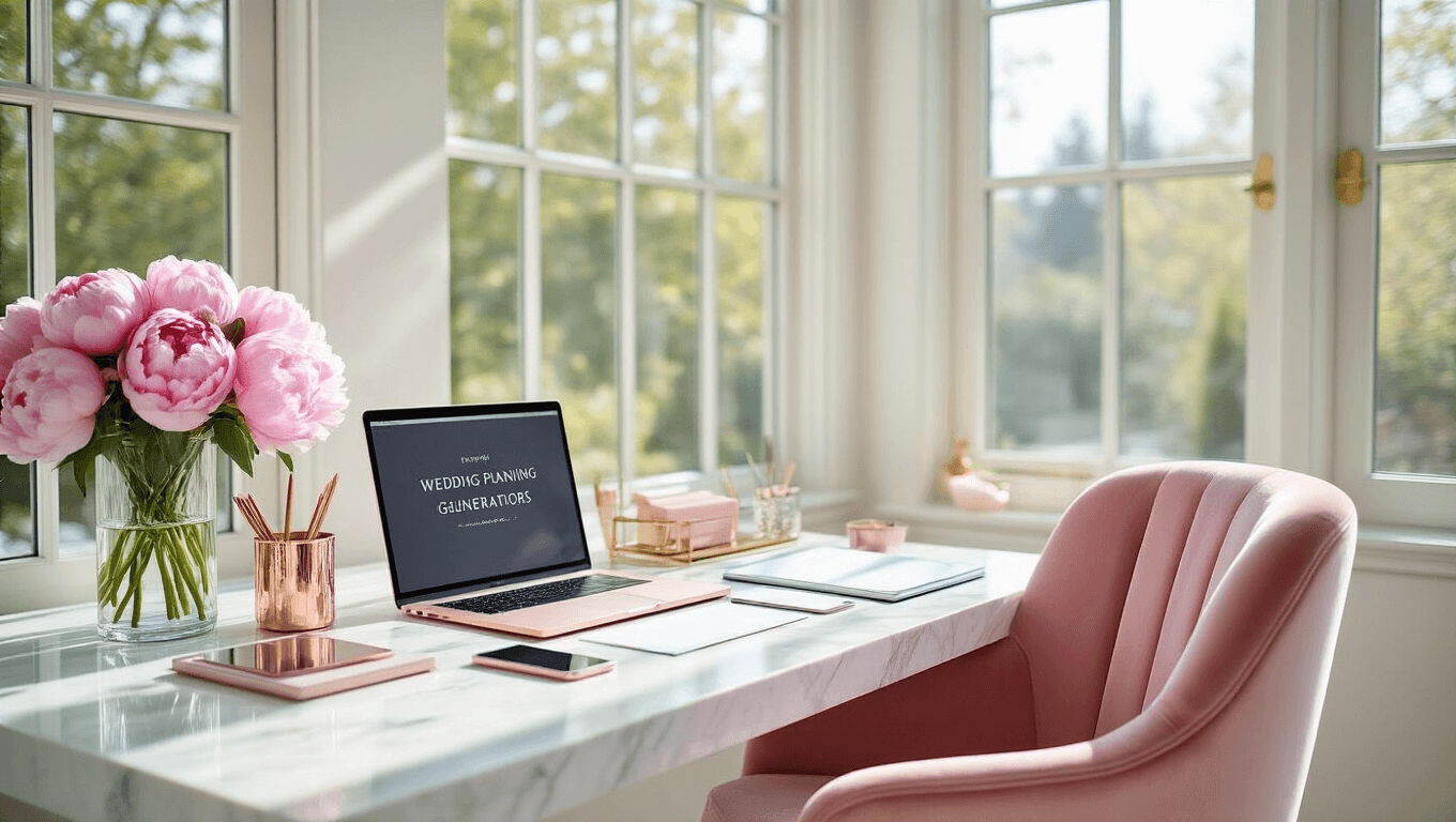 A bright and airy modern home office featuring a white marble desk with rose gold technology, blush pink velvet chair, brass desk accessories, and fresh pink peonies, captured in natural daylight with a shallow depth of field and soft bokeh effect.